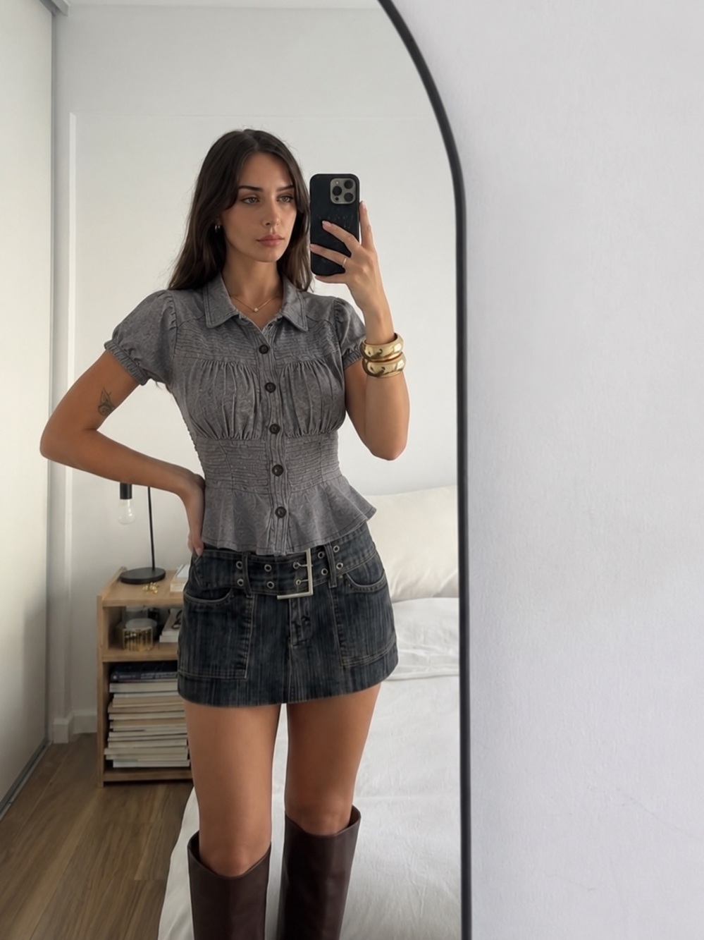 Vintage Costa Blanca Y2K Smocked Peplum Blouse Brown Grey Linen Cotton XS/S